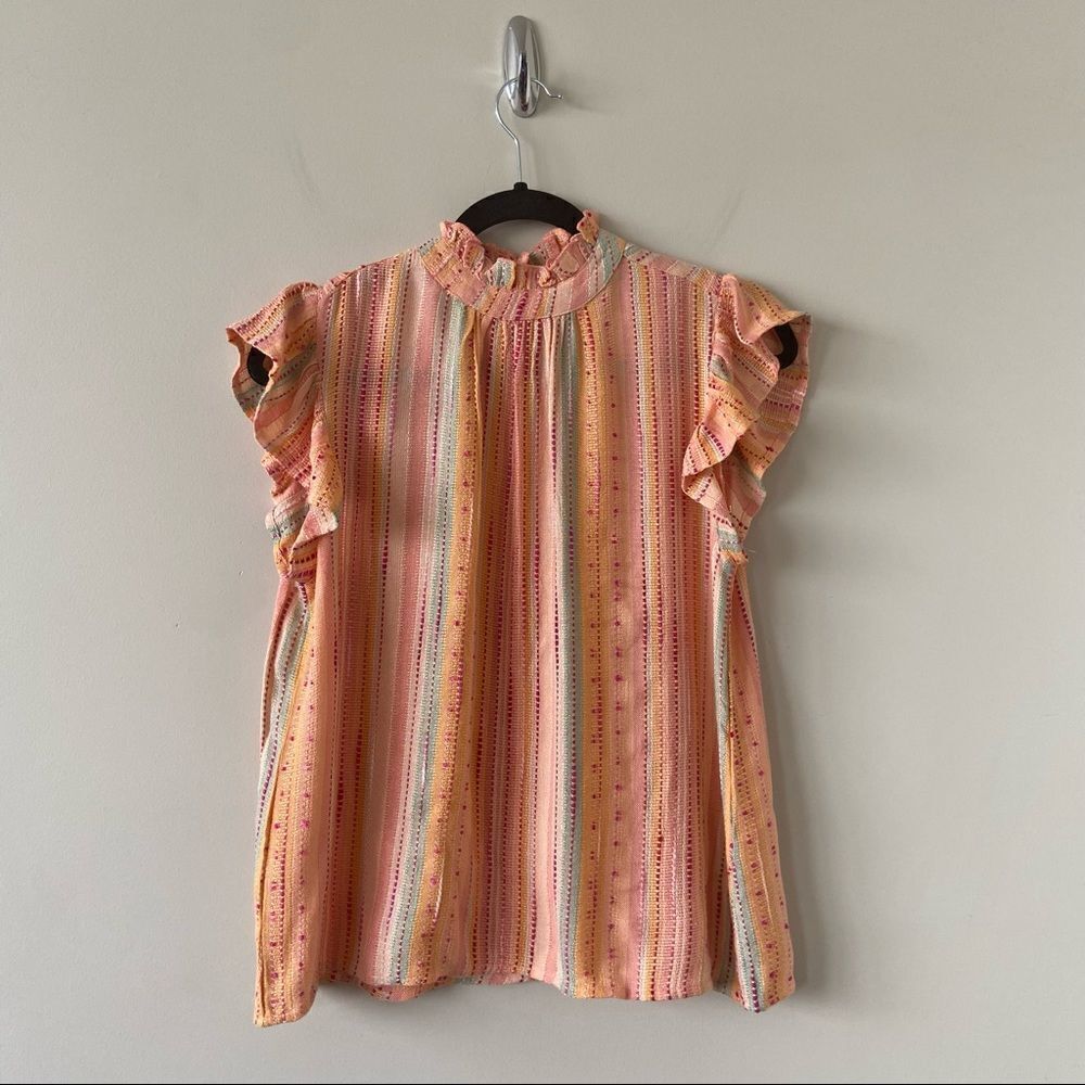 Thml-orange Creamsicle Embroidered Stripe Flutter Sleeve Top (Size:XS)